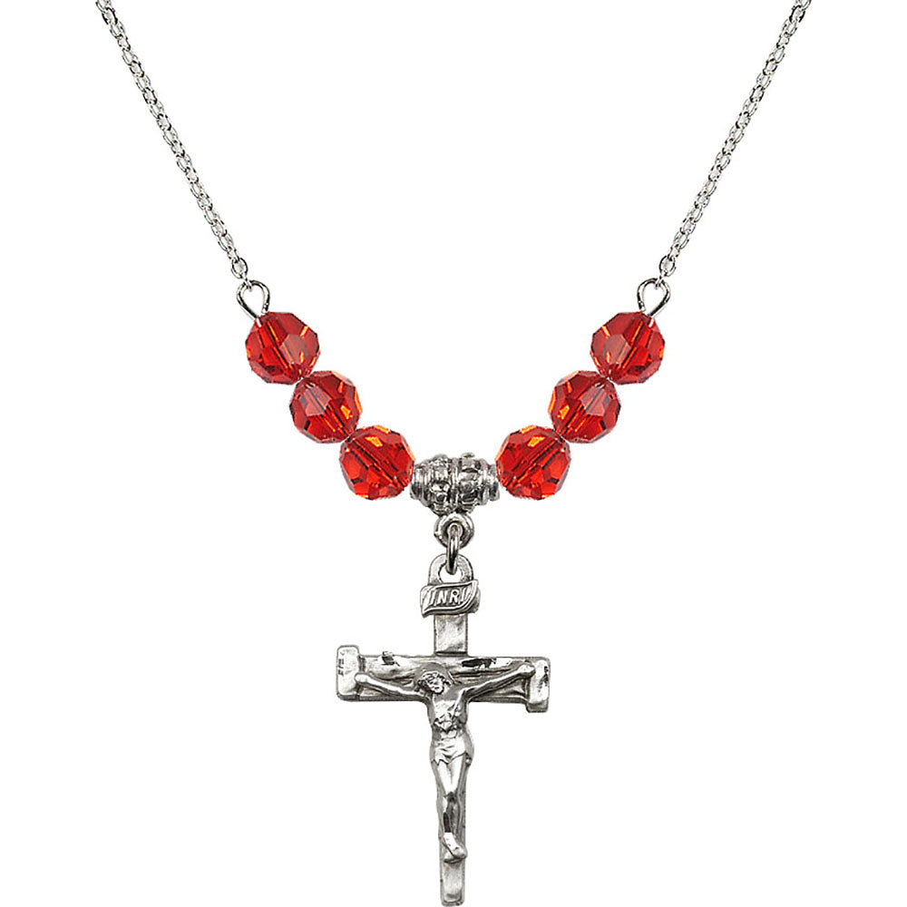 Sterling Silver Nail Crucifix Birthstone Necklace with Ruby Beads - 0073