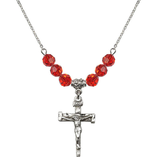 Sterling Silver Nail Crucifix Birthstone Necklace with Ruby Beads - 0073