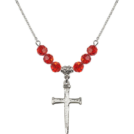 Sterling Silver Nail Cross Birthstone Necklace with Ruby Beads - 0085