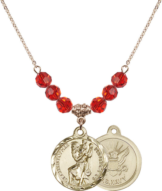 14kt Gold Filled Saint Christopher / Navy Birthstone Necklace with Ruby Beads - 0192