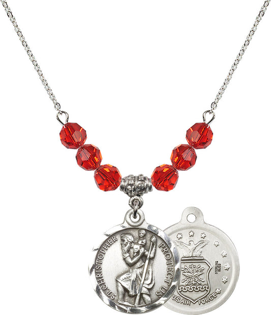 Sterling Silver Saint Christopher / Air Force Birthstone Necklace with Ruby Beads - 0192