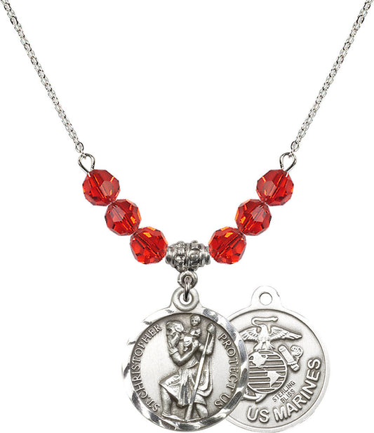 Sterling Silver Saint Christopher / Marines Birthstone Necklace with Ruby Beads - 0192