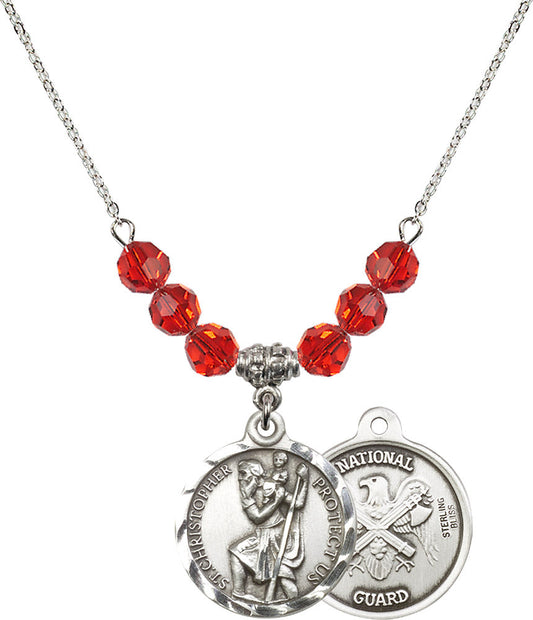 Sterling Silver Saint Christopher / Nat'l Guard Birthstone Necklace with Ruby Beads - 0192