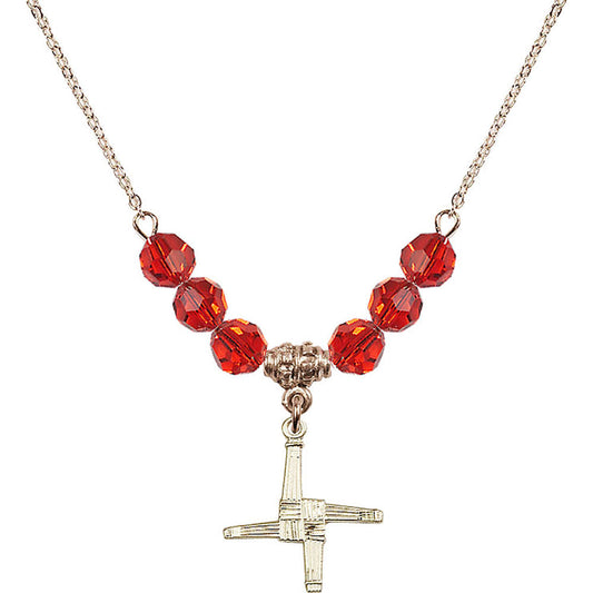 14kt Gold Filled Saint Brigid Cross Birthstone Necklace with Ruby Beads - 0290
