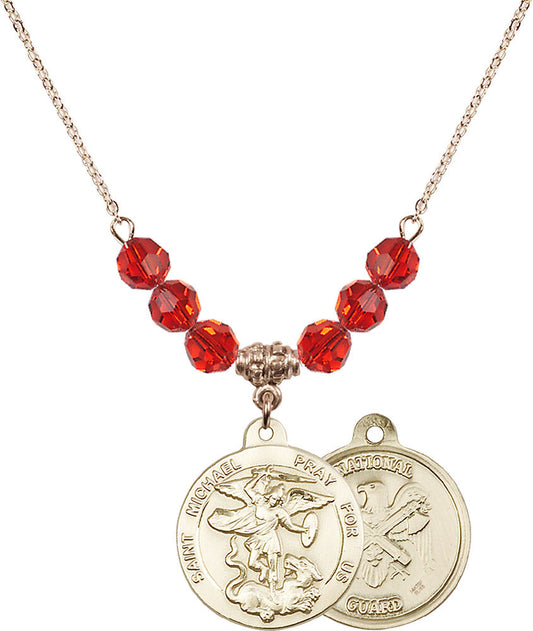 14kt Gold Filled Saint Michael / Nat'l Guard Birthstone Necklace with Ruby Beads - 0342