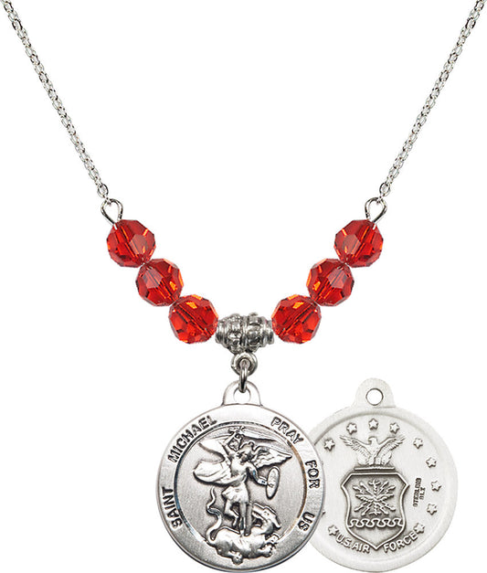 Sterling Silver Saint Michael / Air Force Birthstone Necklace with Ruby Beads - 0342