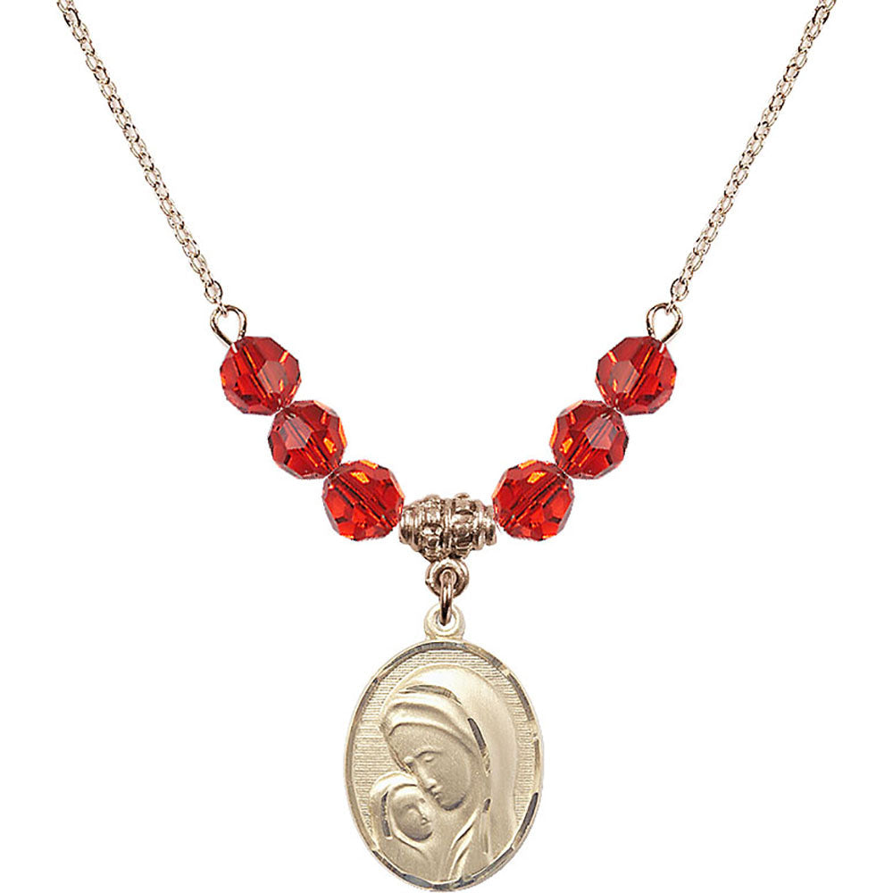 14kt Gold Filled Madonna & Child Birthstone Necklace with Ruby Beads - 0447