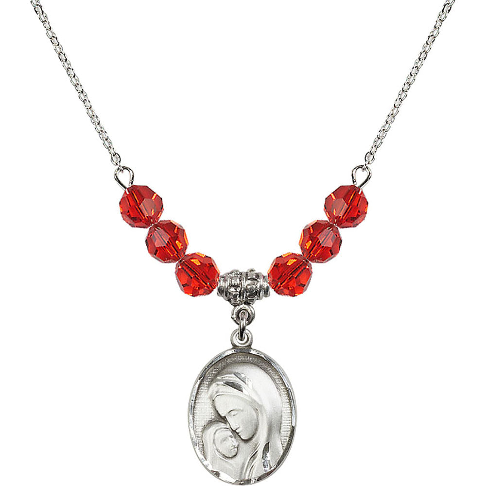 Sterling Silver Madonna & Child Birthstone Necklace with Ruby Beads - 0447