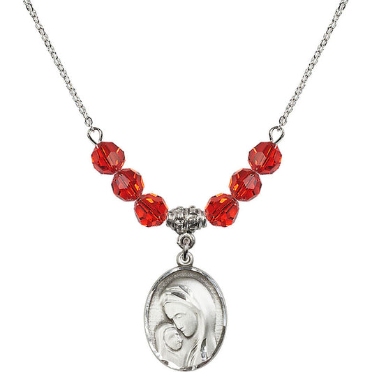 Sterling Silver Madonna & Child Birthstone Necklace with Ruby Beads - 0447