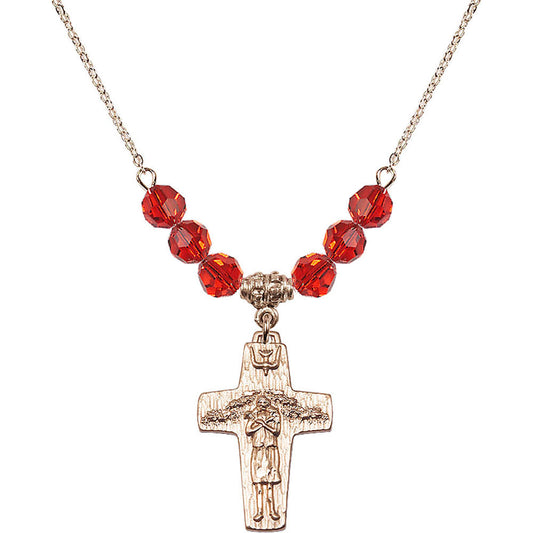 14kt Gold Filled Papal Crucifix Birthstone Necklace with Ruby Beads - 0569