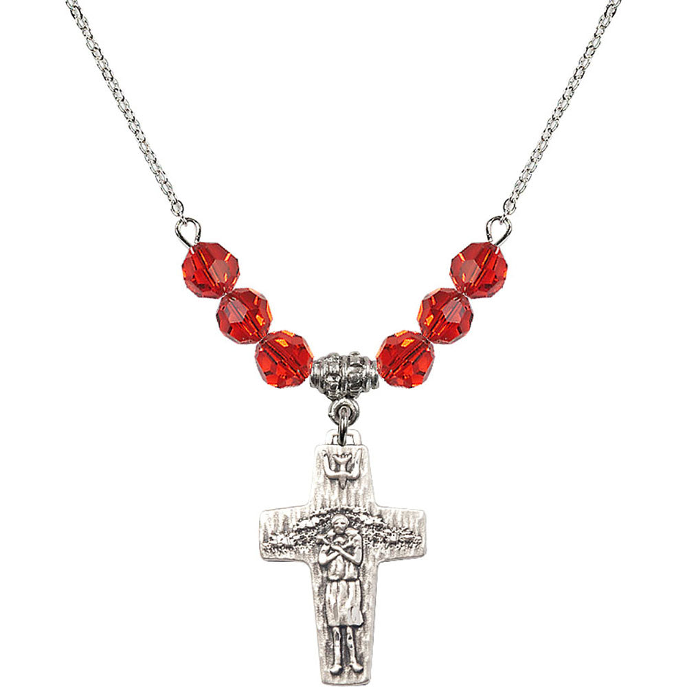 Sterling Silver Papal Crucifix Birthstone Necklace with Ruby Beads - 0569