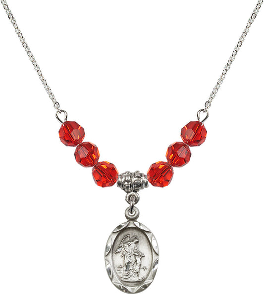 Sterling Silver Guardian Angel Birthstone Necklace with Ruby Beads - 0612