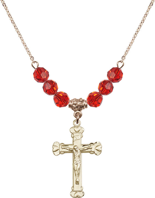 14kt Gold Filled Crucifix Birthstone Necklace with Ruby Beads - 0620