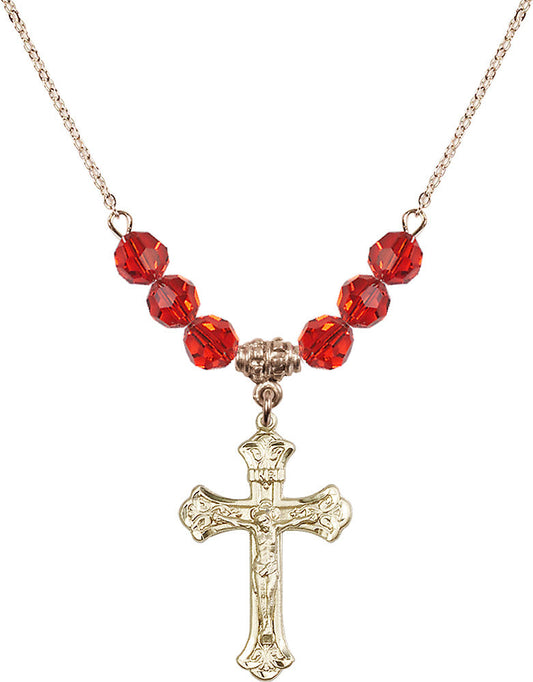 14kt Gold Filled Crucifix Birthstone Necklace with Ruby Beads - 0622