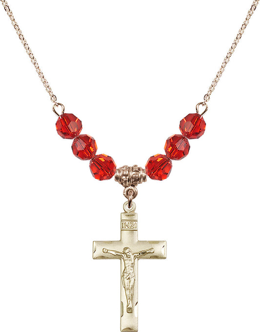 14kt Gold Filled Crucifix Birthstone Necklace with Ruby Beads - 0624