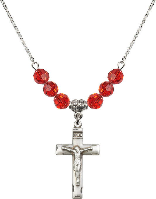 Sterling Silver Crucifix Birthstone Necklace with Ruby Beads - 0624