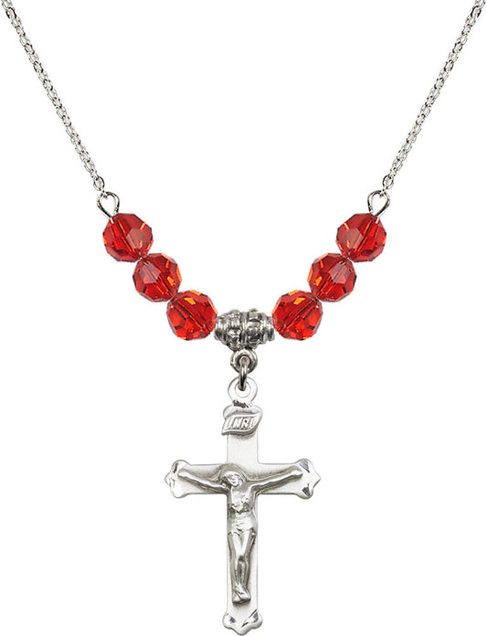 Sterling Silver Crucifix Birthstone Necklace with Ruby Beads - 0651