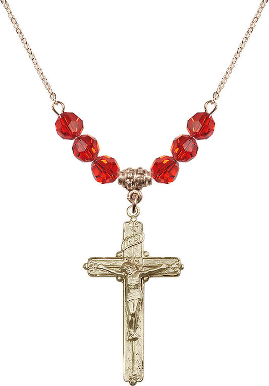 14kt Gold Filled Crucifix Birthstone Necklace with Ruby Beads - 0655