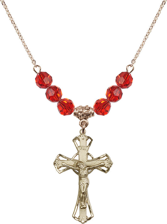 14kt Gold Filled Crucifix Birthstone Necklace with Ruby Beads - 0659