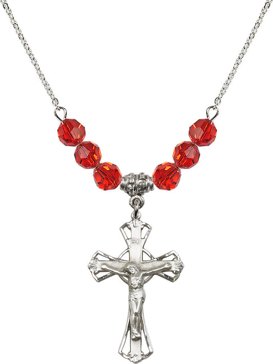 Sterling Silver Crucifix Birthstone Necklace with Ruby Beads - 0659