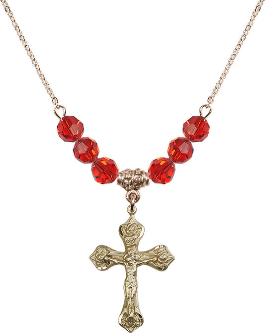 14kt Gold Filled Crucifix Birthstone Necklace with Ruby Beads - 0662