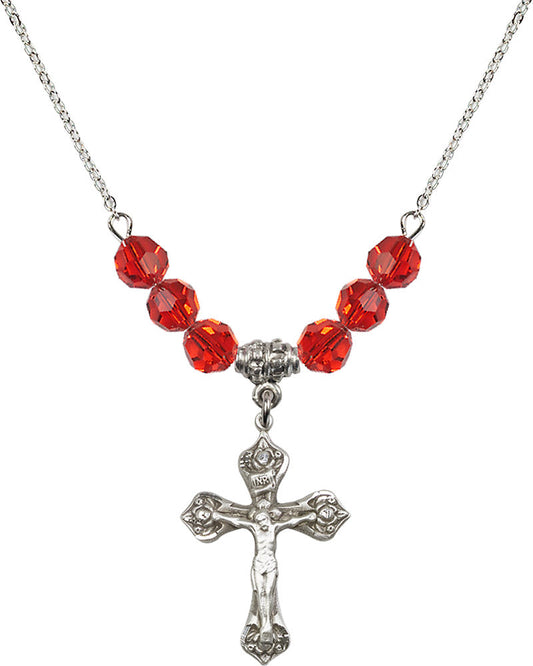 Sterling Silver Crucifix Birthstone Necklace with Ruby Beads - 0662
