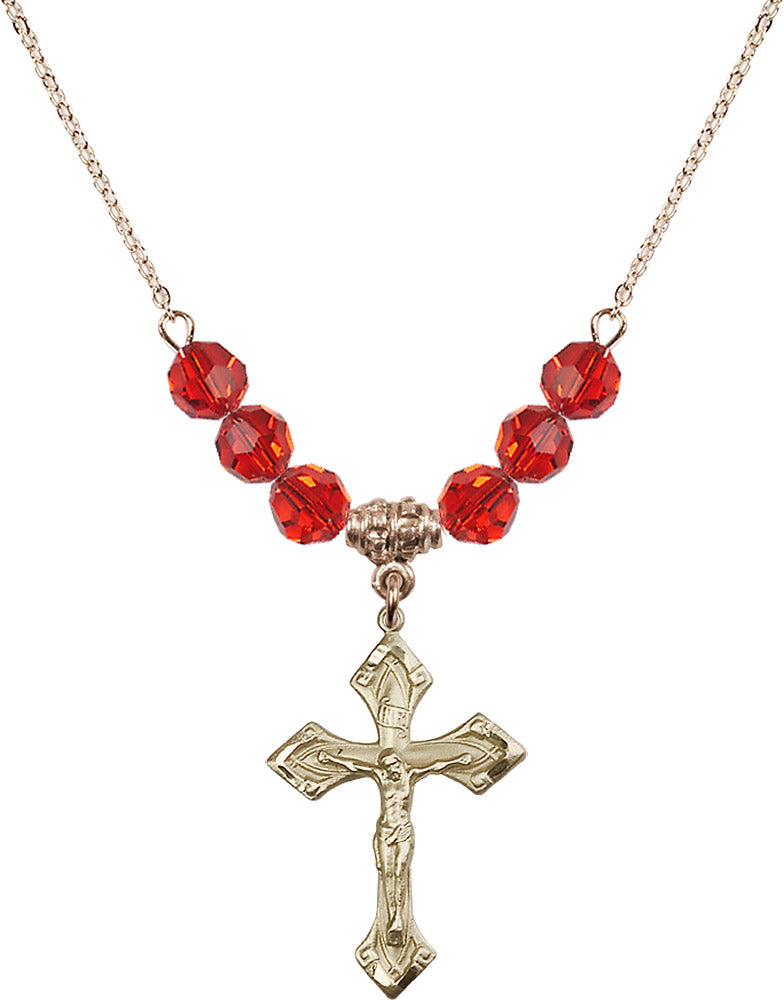 14kt Gold Filled Crucifix Birthstone Necklace with Ruby Beads - 0663