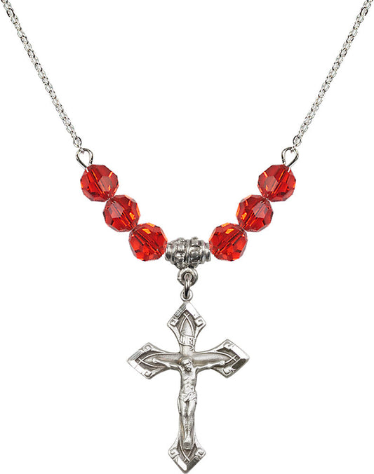 Sterling Silver Crucifix Birthstone Necklace with Ruby Beads - 0663