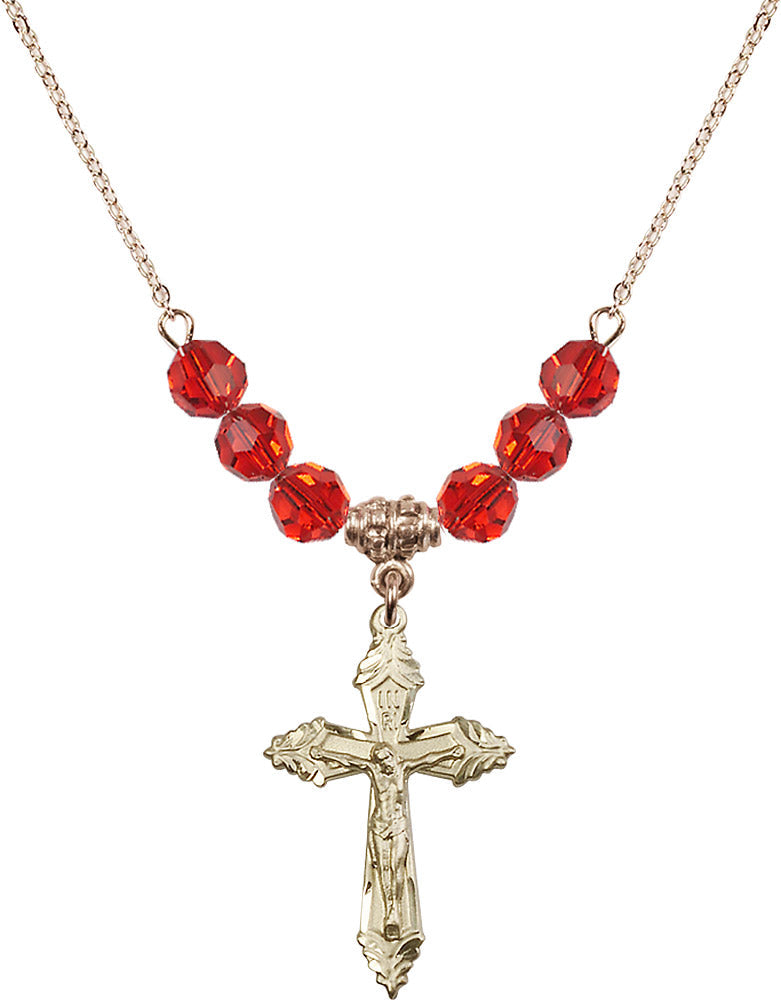 14kt Gold Filled Crucifix Birthstone Necklace with Ruby Beads - 0665