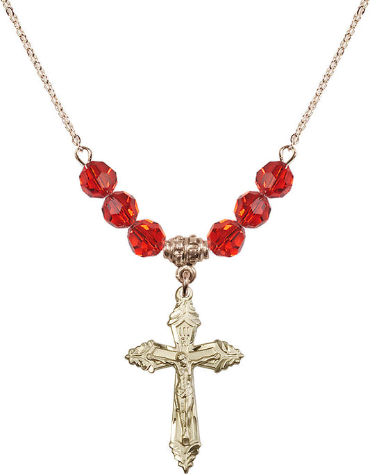 14kt Gold Filled Crucifix Birthstone Necklace with Ruby Beads - 0665