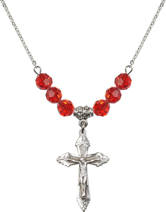 Sterling Silver Crucifix Birthstone Necklace with Ruby Beads - 0665