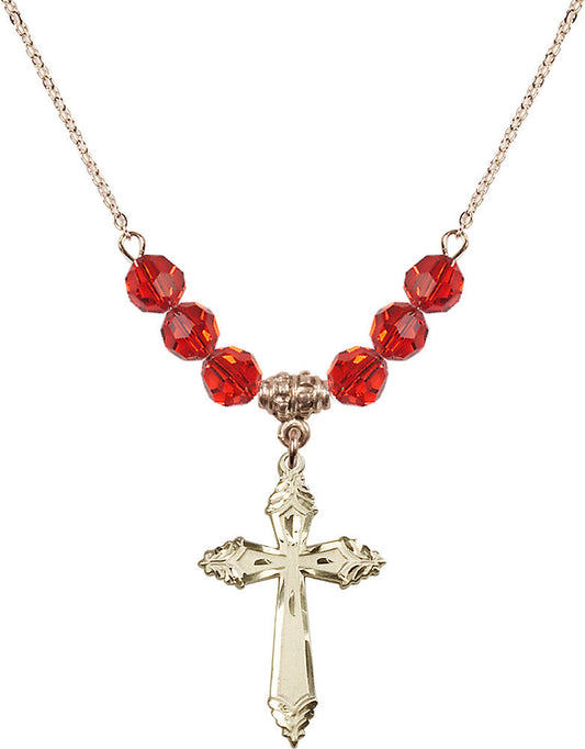 14kt Gold Filled Cross Birthstone Necklace with Ruby Beads - 0665