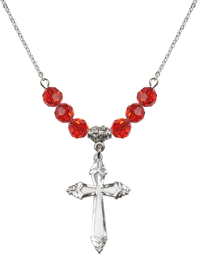 Sterling Silver Cross Birthstone Necklace with Ruby Beads - 0665