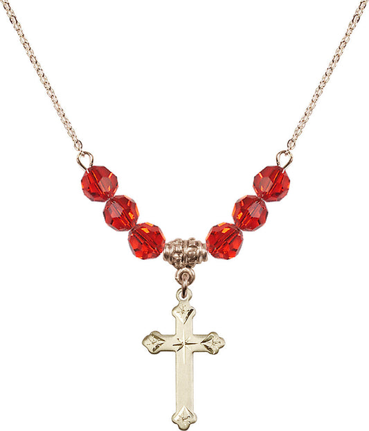 14kt Gold Filled Cross Birthstone Necklace with Ruby Beads - 0667