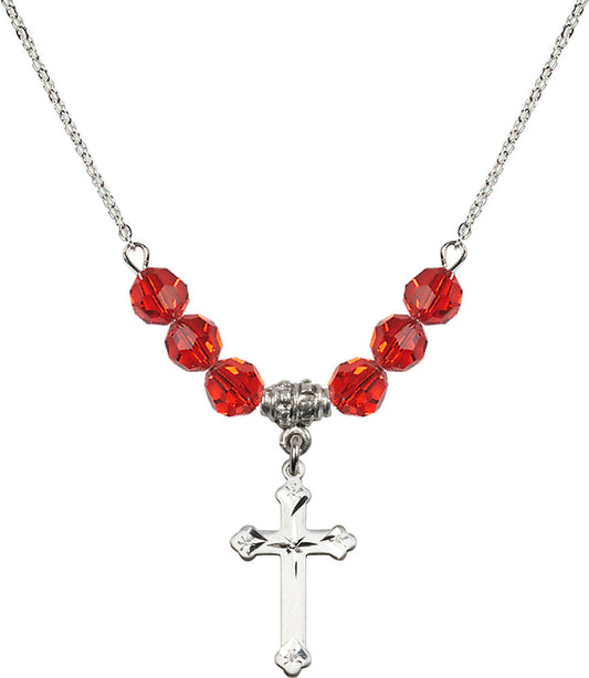 Sterling Silver Cross Birthstone Necklace with Ruby Beads - 0667