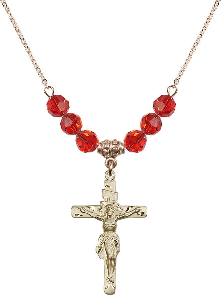 14kt Gold Filled Crucifix Birthstone Necklace with Ruby Beads - 0668