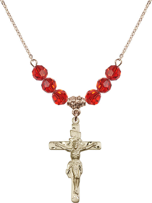 14kt Gold Filled Crucifix Birthstone Necklace with Ruby Beads - 0668