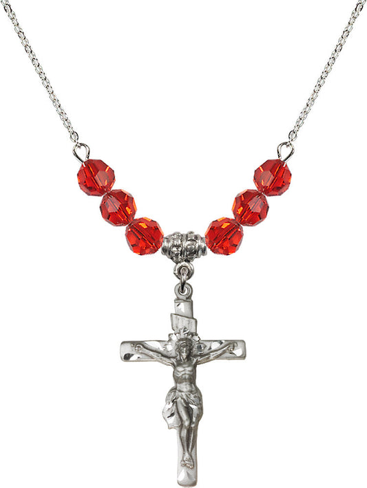 Sterling Silver Crucifix Birthstone Necklace with Ruby Beads - 0668
