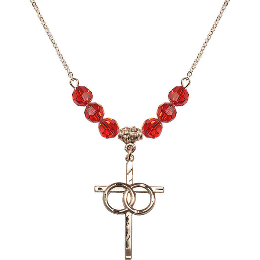 14kt Gold Filled Wedding Rings Cross Birthstone Necklace with Ruby Beads - 0671