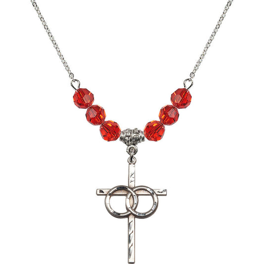 Sterling Silver Wedding Rings Cross Birthstone Necklace with Ruby Beads - 0671