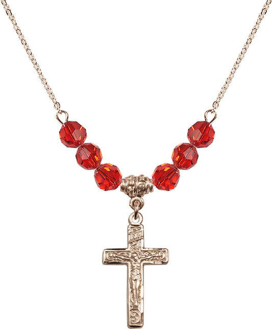14kt Gold Filled Crucifix Birthstone Necklace with Ruby Beads - 0673