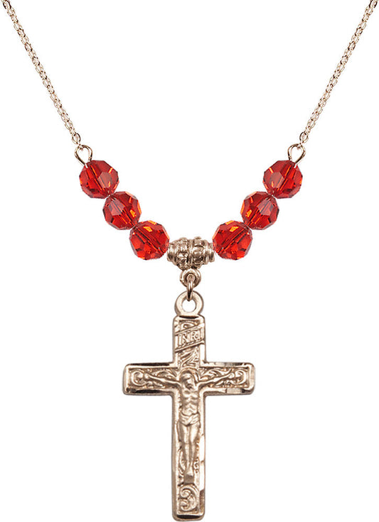 14kt Gold Filled Crucifix Birthstone Necklace with Ruby Beads - 0674