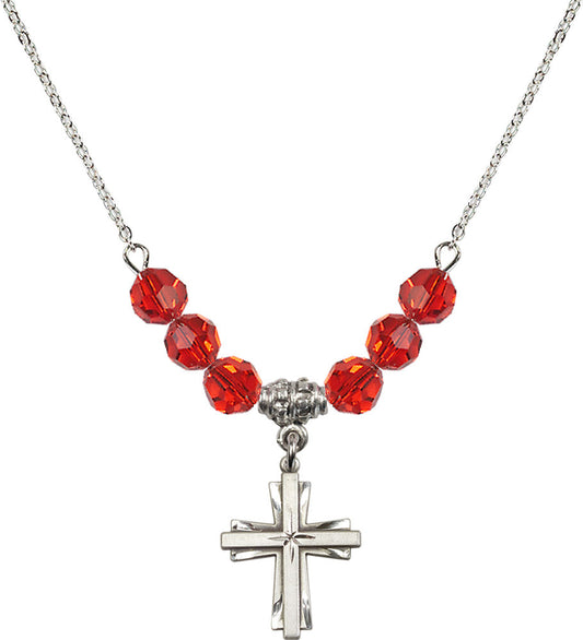 Sterling Silver Cross Birthstone Necklace with Ruby Beads - 0675