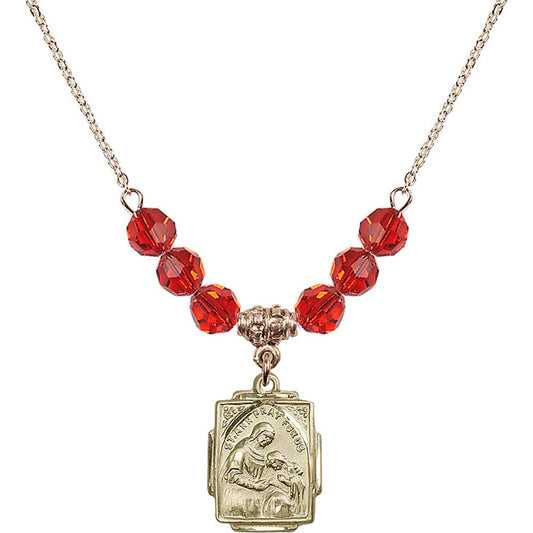 14kt Gold Filled Saint Ann Birthstone Necklace with Ruby Beads - 0804