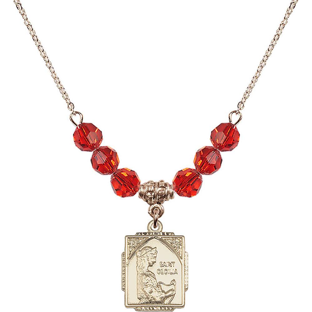 14kt Gold Filled Saint Cecilia Birthstone Necklace with Ruby Beads - 0804