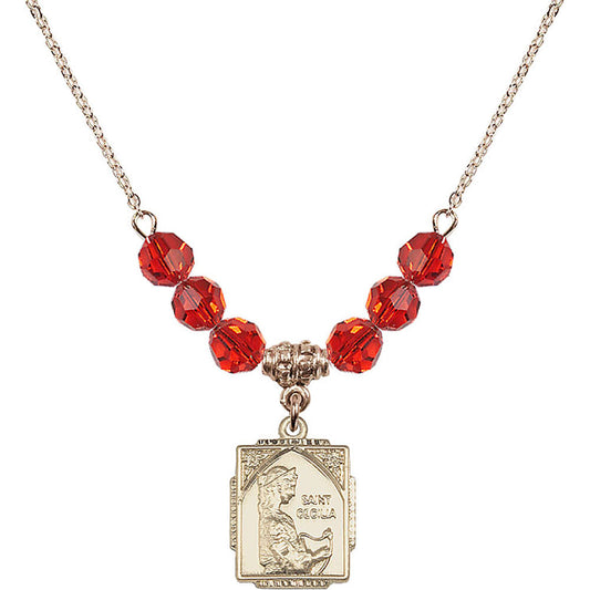 14kt Gold Filled Saint Cecilia Birthstone Necklace with Ruby Beads - 0804