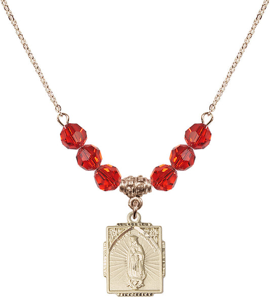 14kt Gold Filled Our Lady of Guadalupe Birthstone Necklace with Ruby Beads - 0804