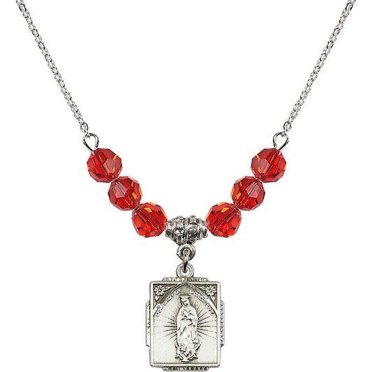 Sterling Silver Our Lady of Guadalupe Birthstone Necklace with Ruby Beads - 0804
