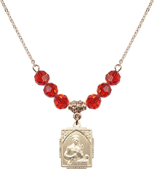 14kt Gold Filled Saint Gerard Birthstone Necklace with Ruby Beads - 0804