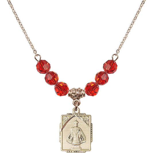 14kt Gold Filled Infant of Prague Birthstone Necklace with Ruby Beads - 0804